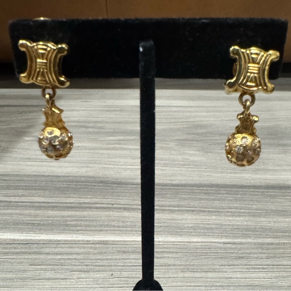 Celine Vintage Gold Plated and Rhinestone Drop Earrings - Picture 1 of 4